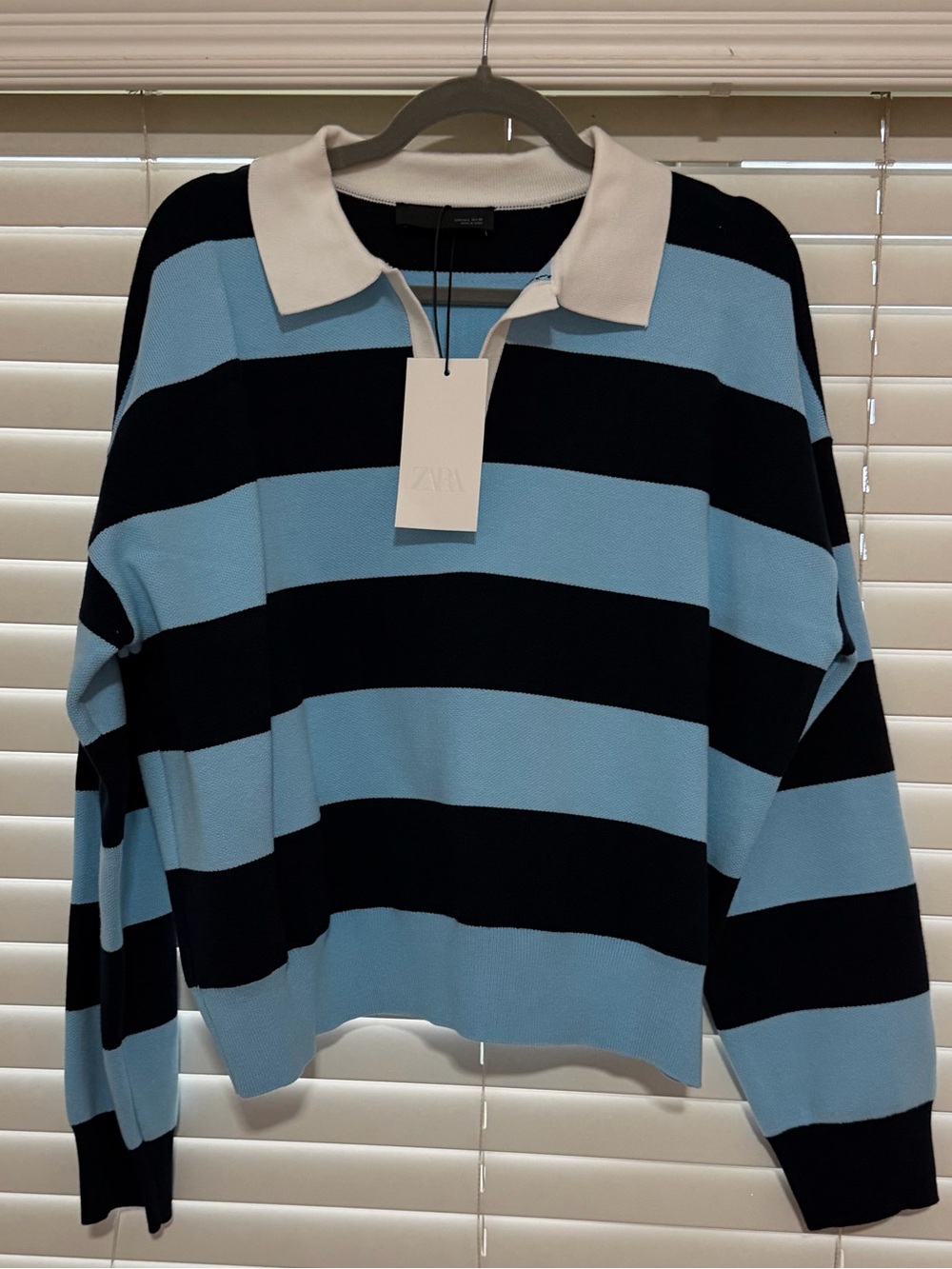Zara V-Neck Striped Rugby Sweater - Light Blue & navy